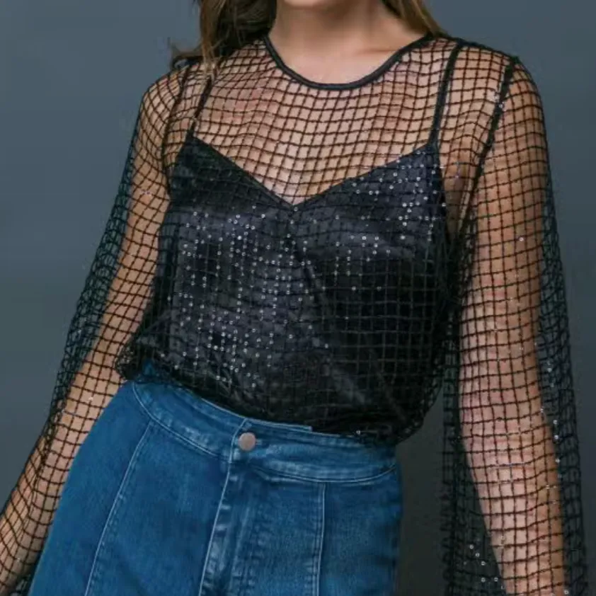 Crown Jewel Black Sequined Sheer FishNet Mesh Top