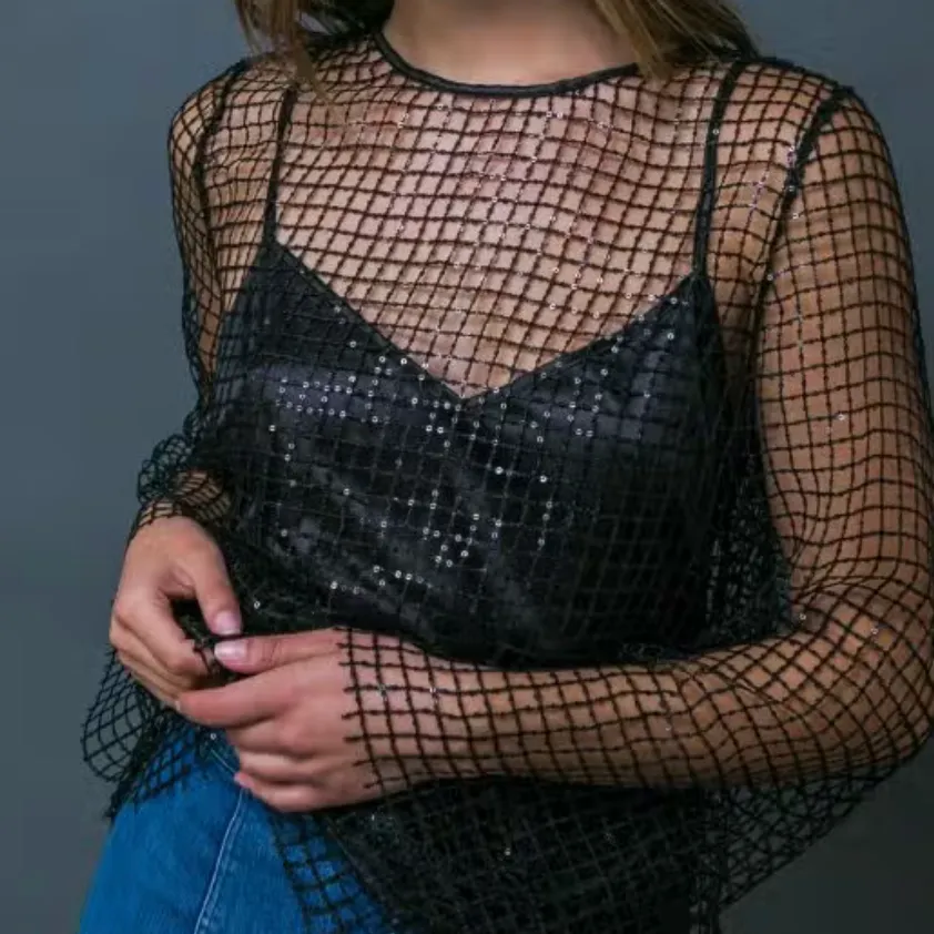 Crown Jewel Black Sequined Sheer FishNet Mesh Top