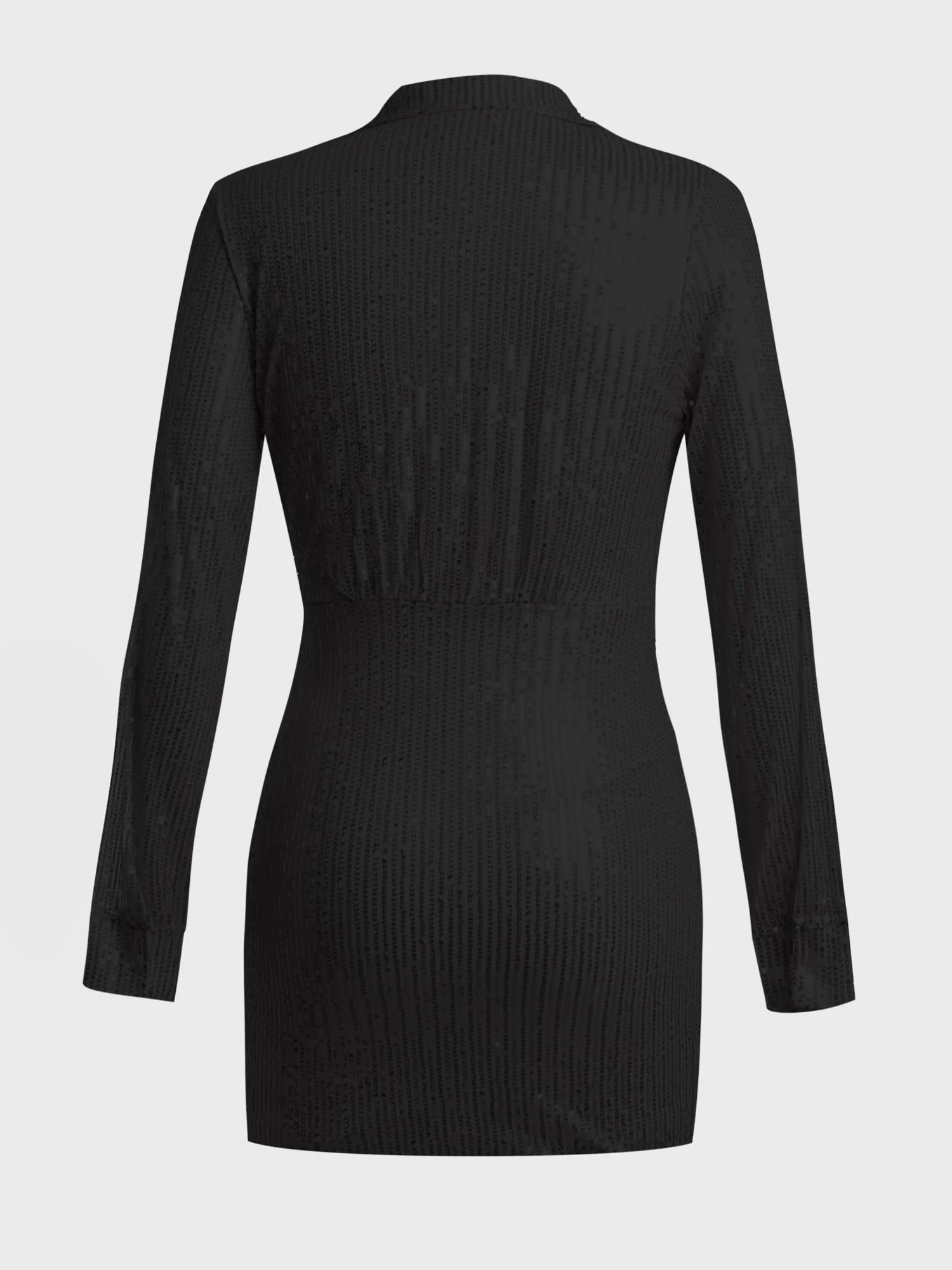 Deep V-Neck Long Sleeve Sequined Mini Dress (Black)