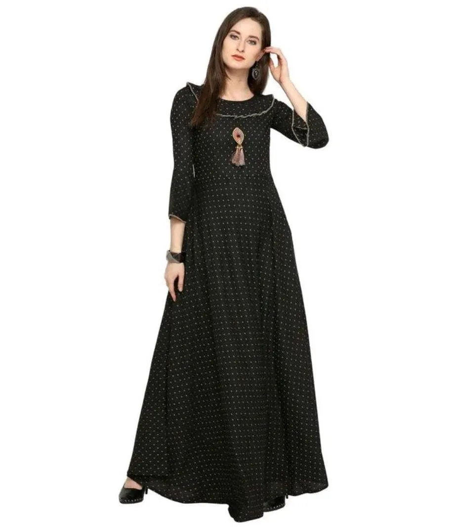 Designer Mart Black Rayon Maxi Gown Dress