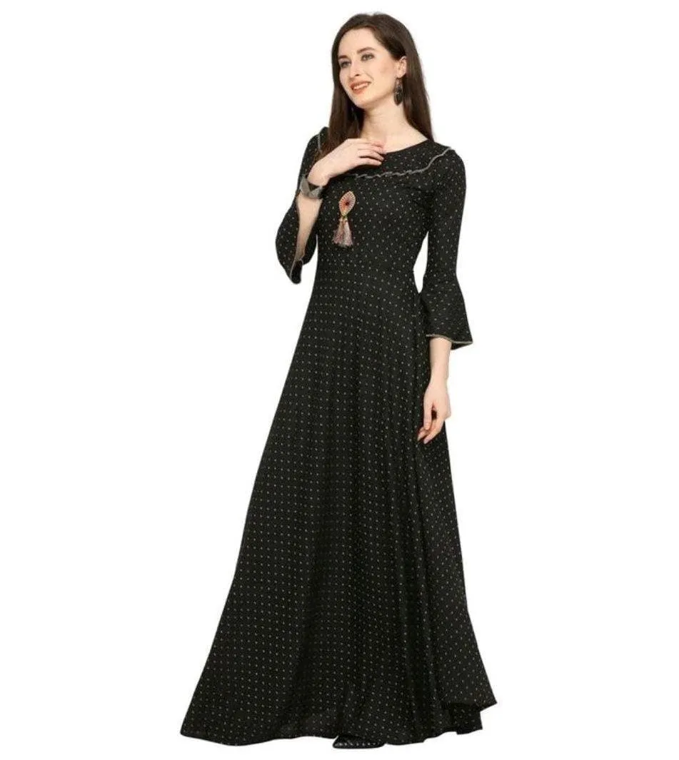 Designer Mart Black Rayon Maxi Gown Dress