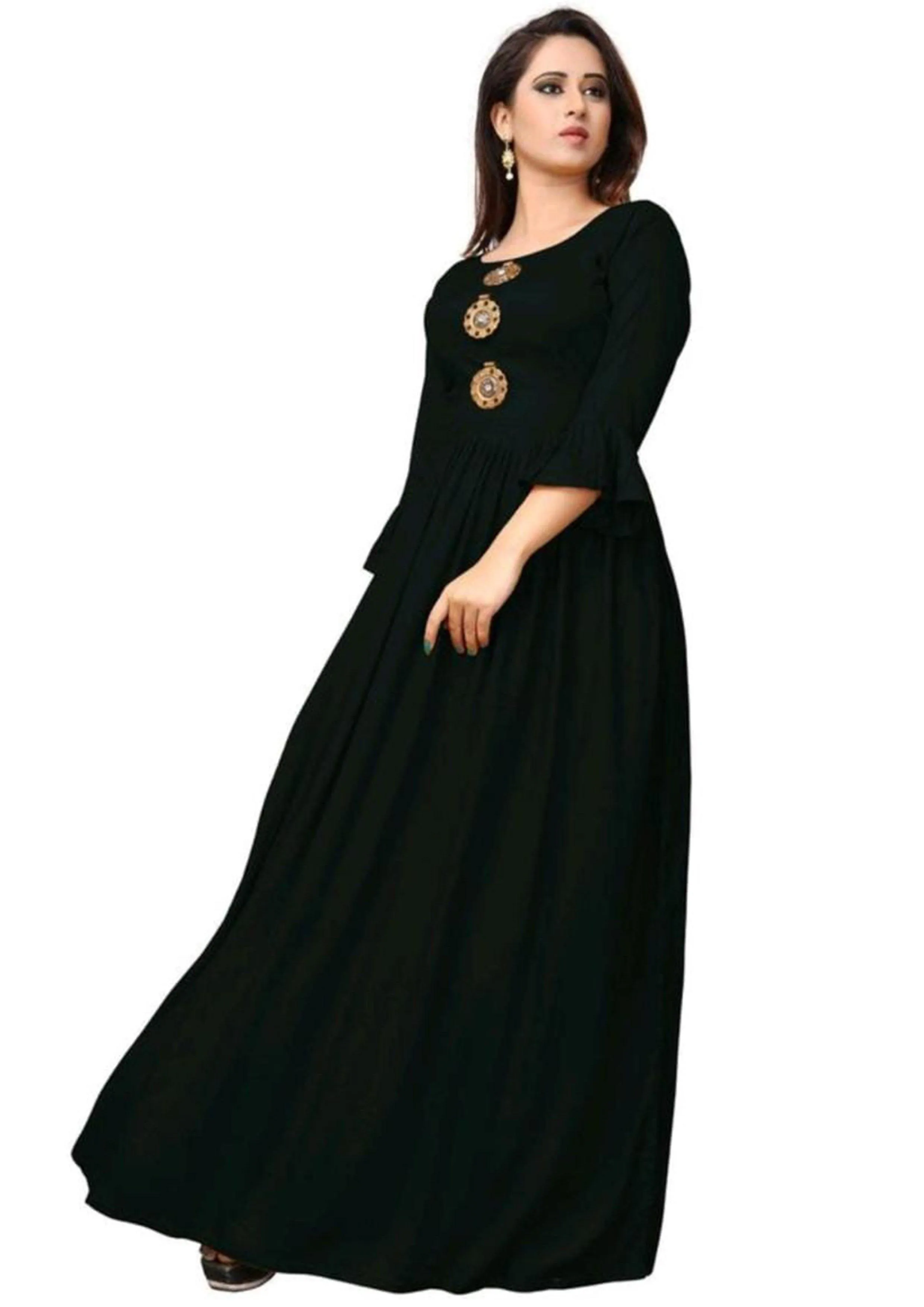 Designer Mart Black Rayon Maxi Gown Dress