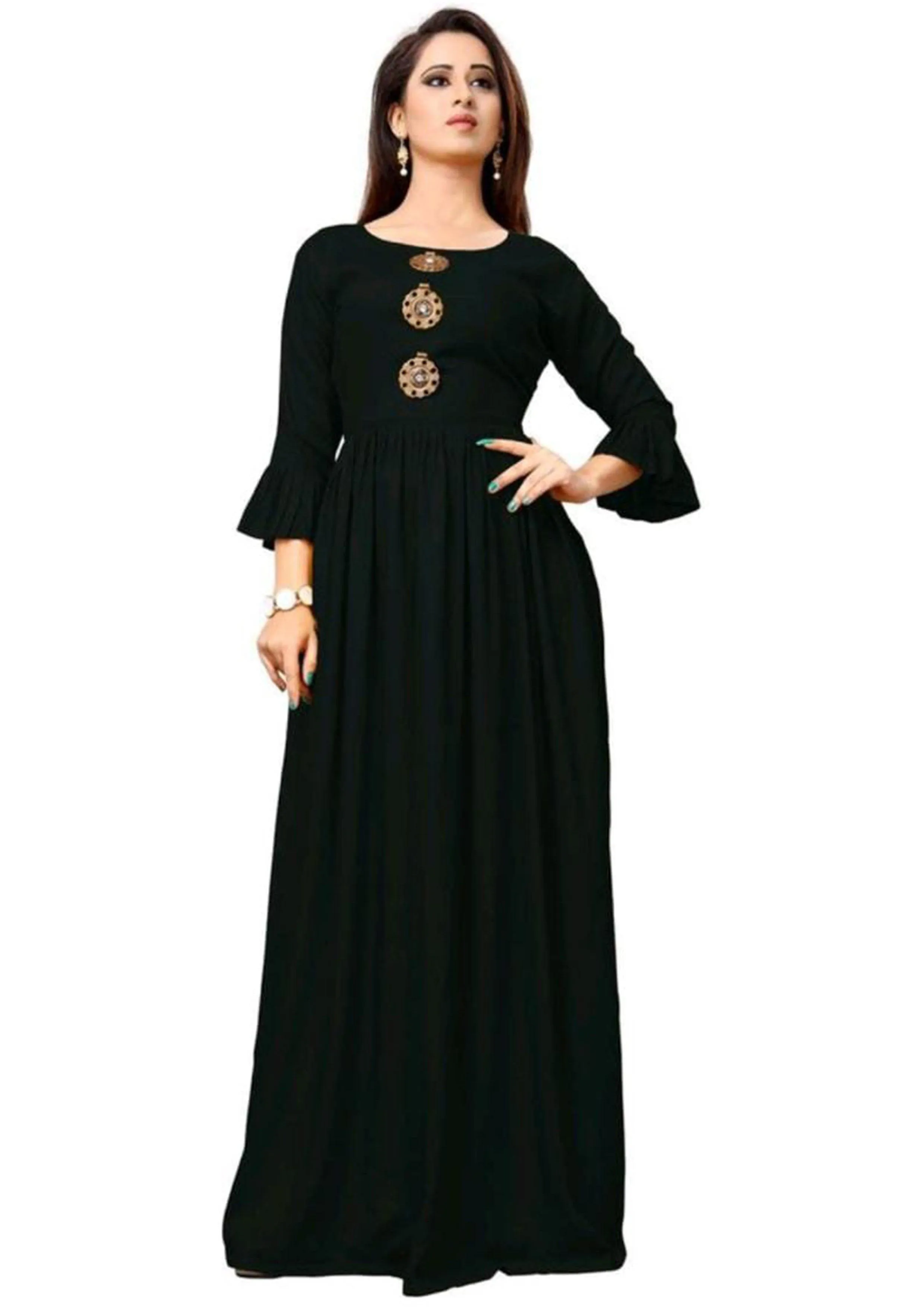 Designer Mart Black Rayon Maxi Gown Dress