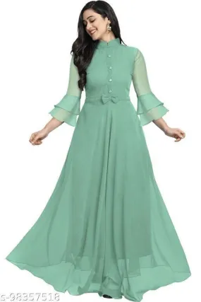 Designer Mart Green Rayon Maxi Gown Dress