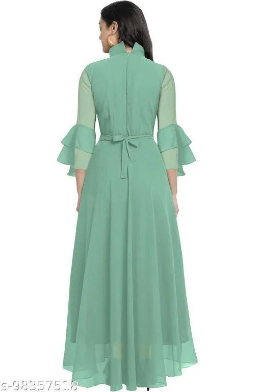 Designer Mart Green Rayon Maxi Gown Dress