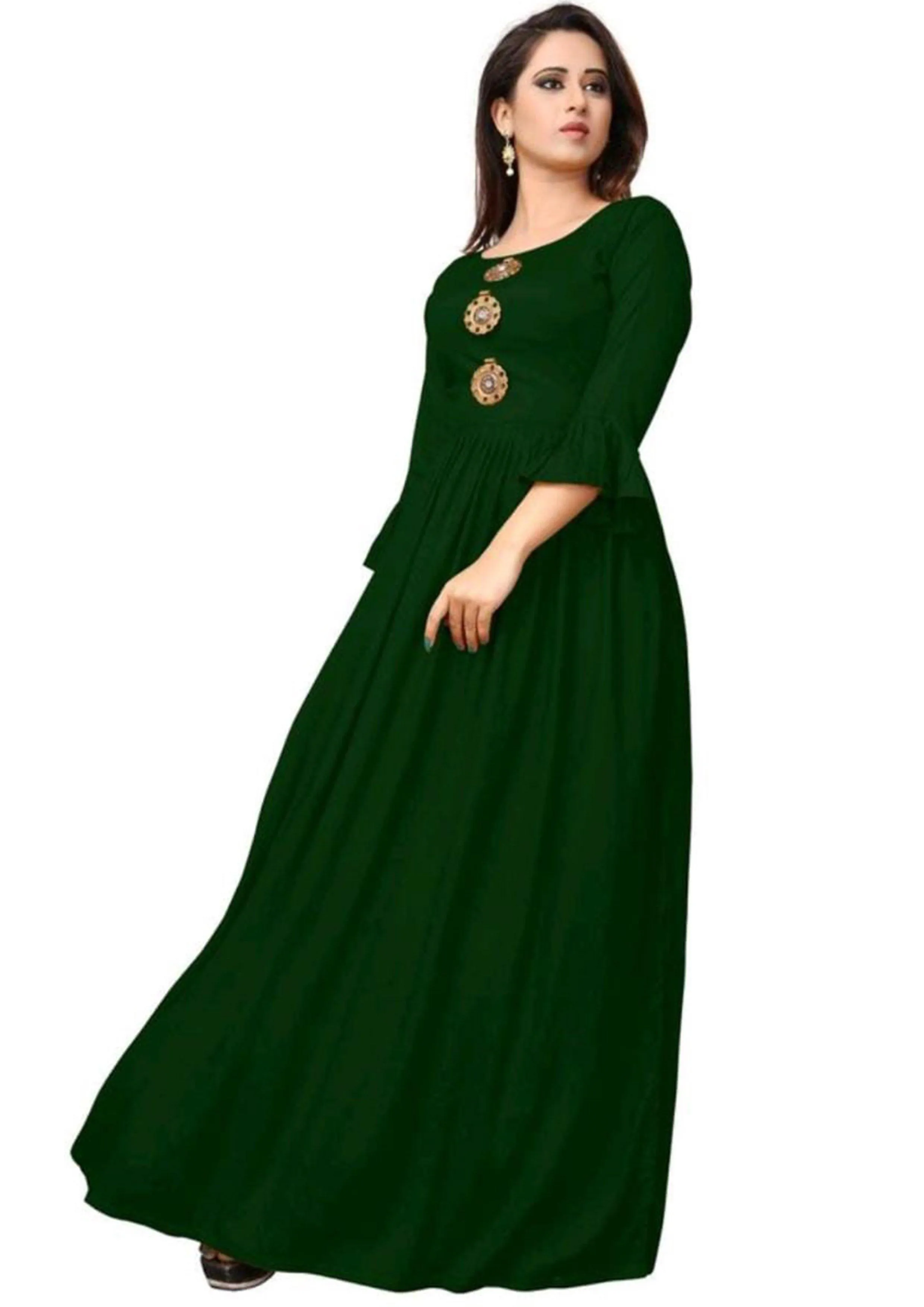 Designer Mart Green Rayon Maxi Gown Dress