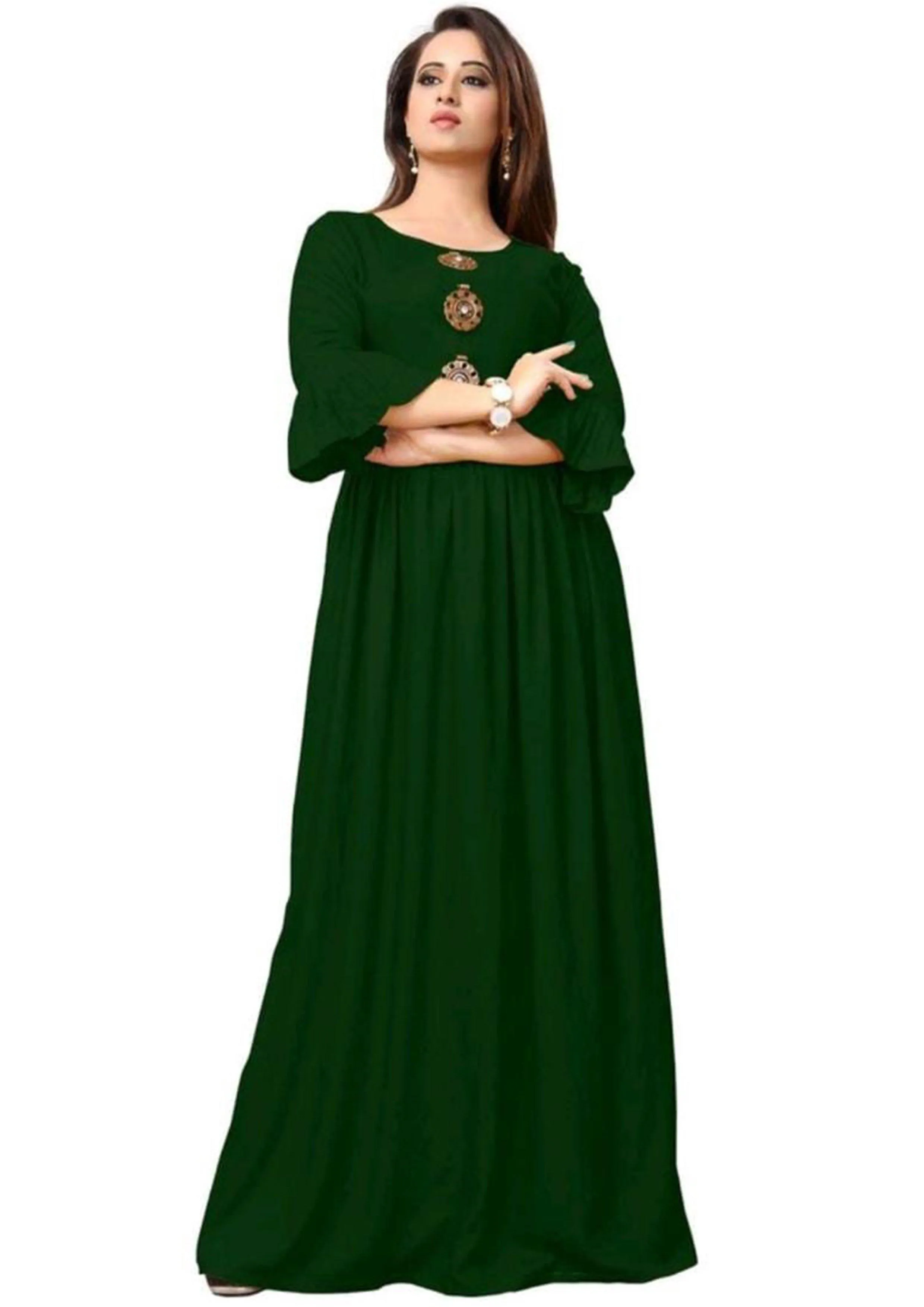 Designer Mart Green Rayon Maxi Gown Dress