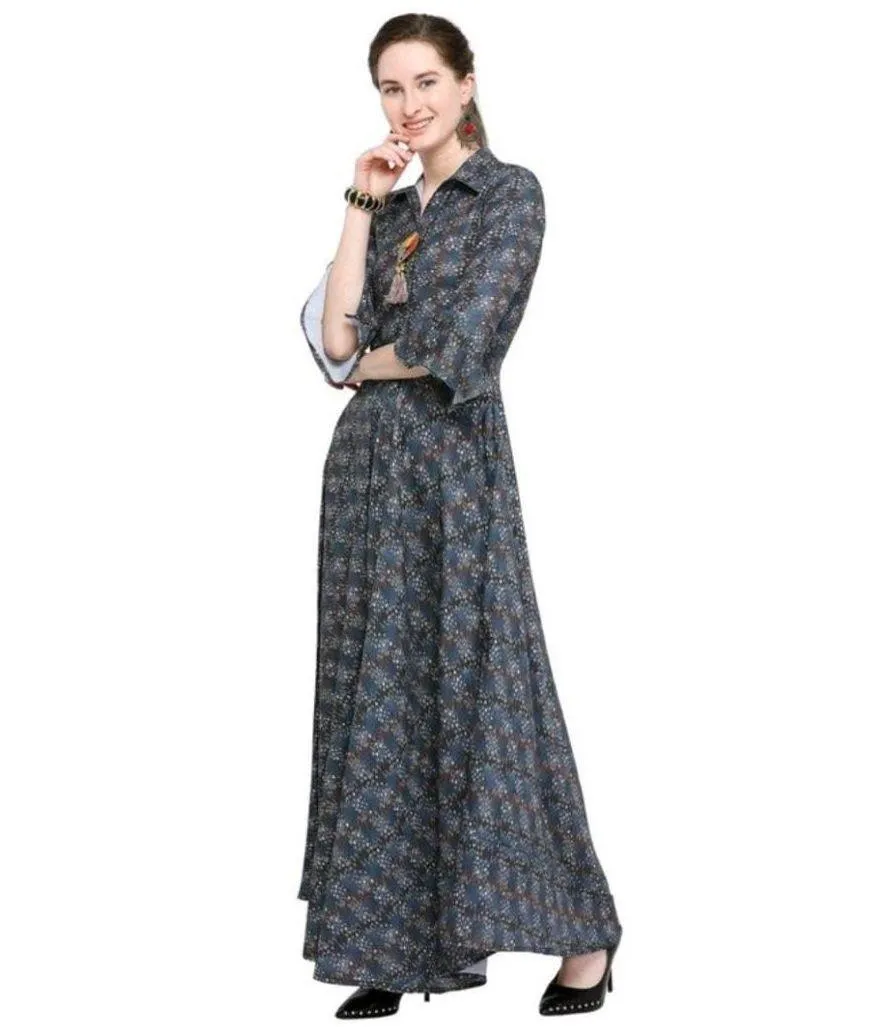 Designer Mart Grey Rayon Maxi Gown Dress