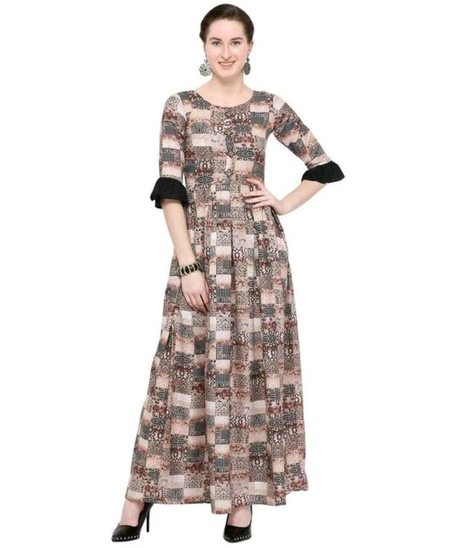 Designer Mart Multi-Color Rayon Maxi Gown Dress