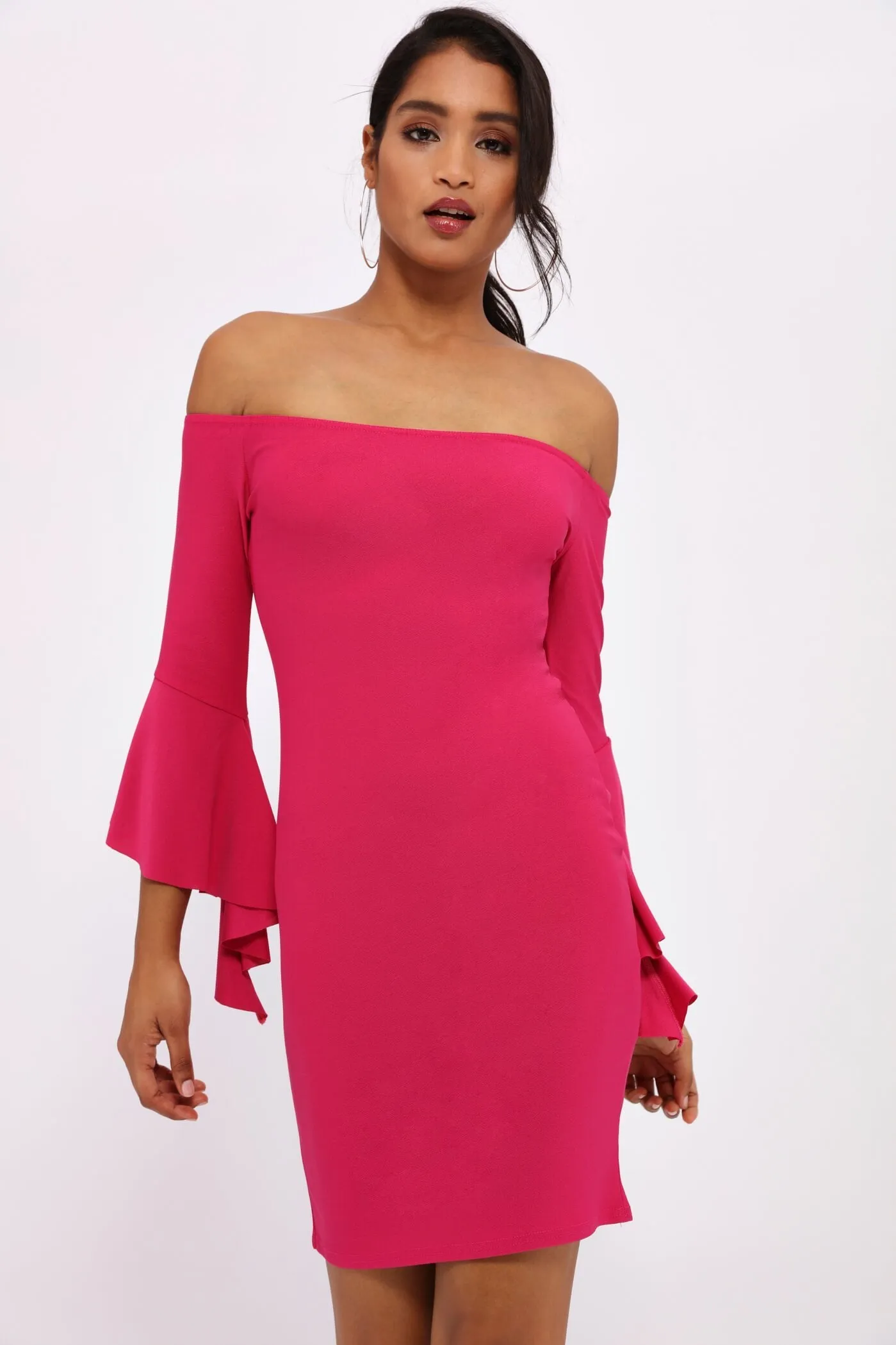 Dusky Pink Off The Shoulder Ruffle Sleeve Dress