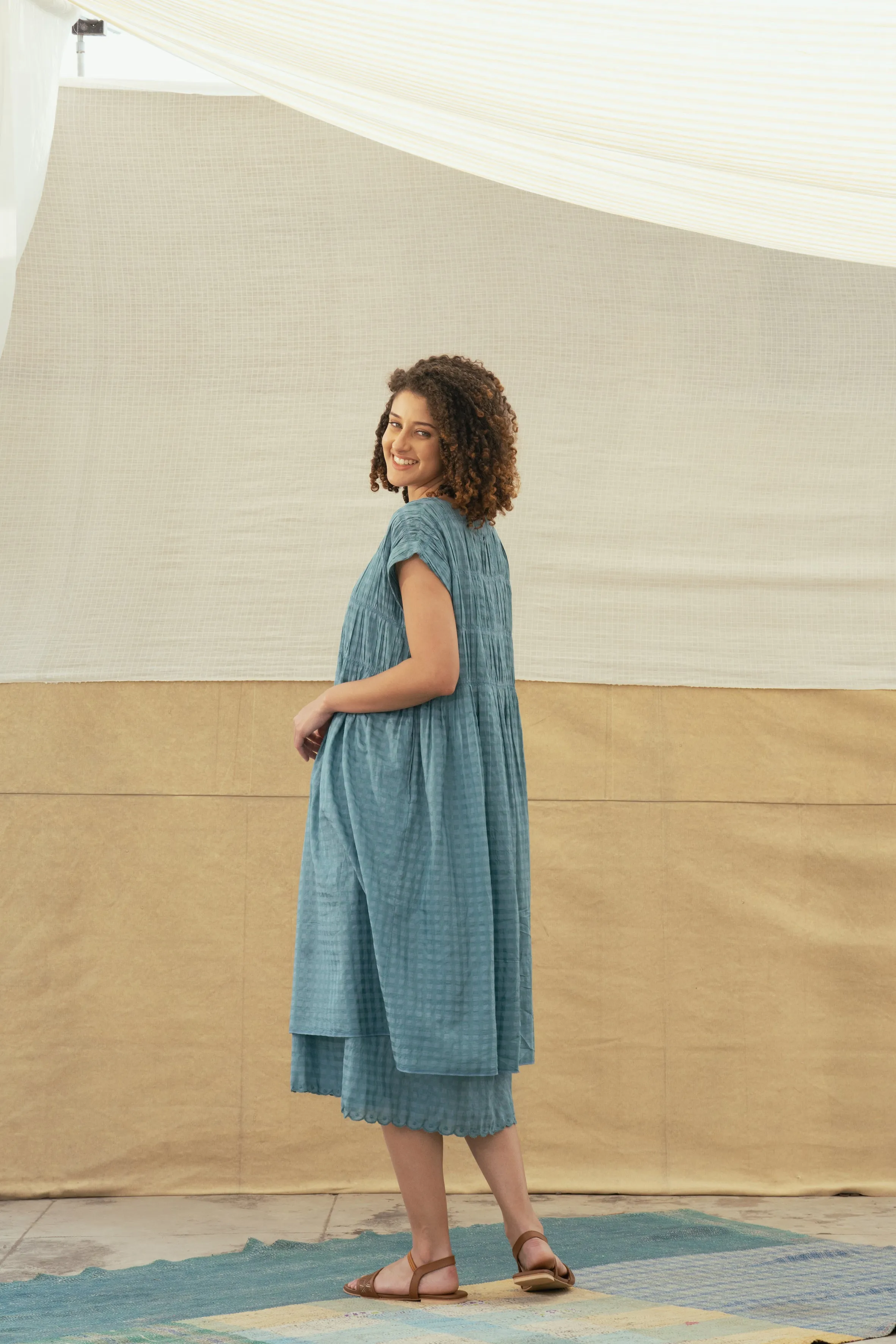 Dve Mira Cotton Silk Check Dress in Aqua