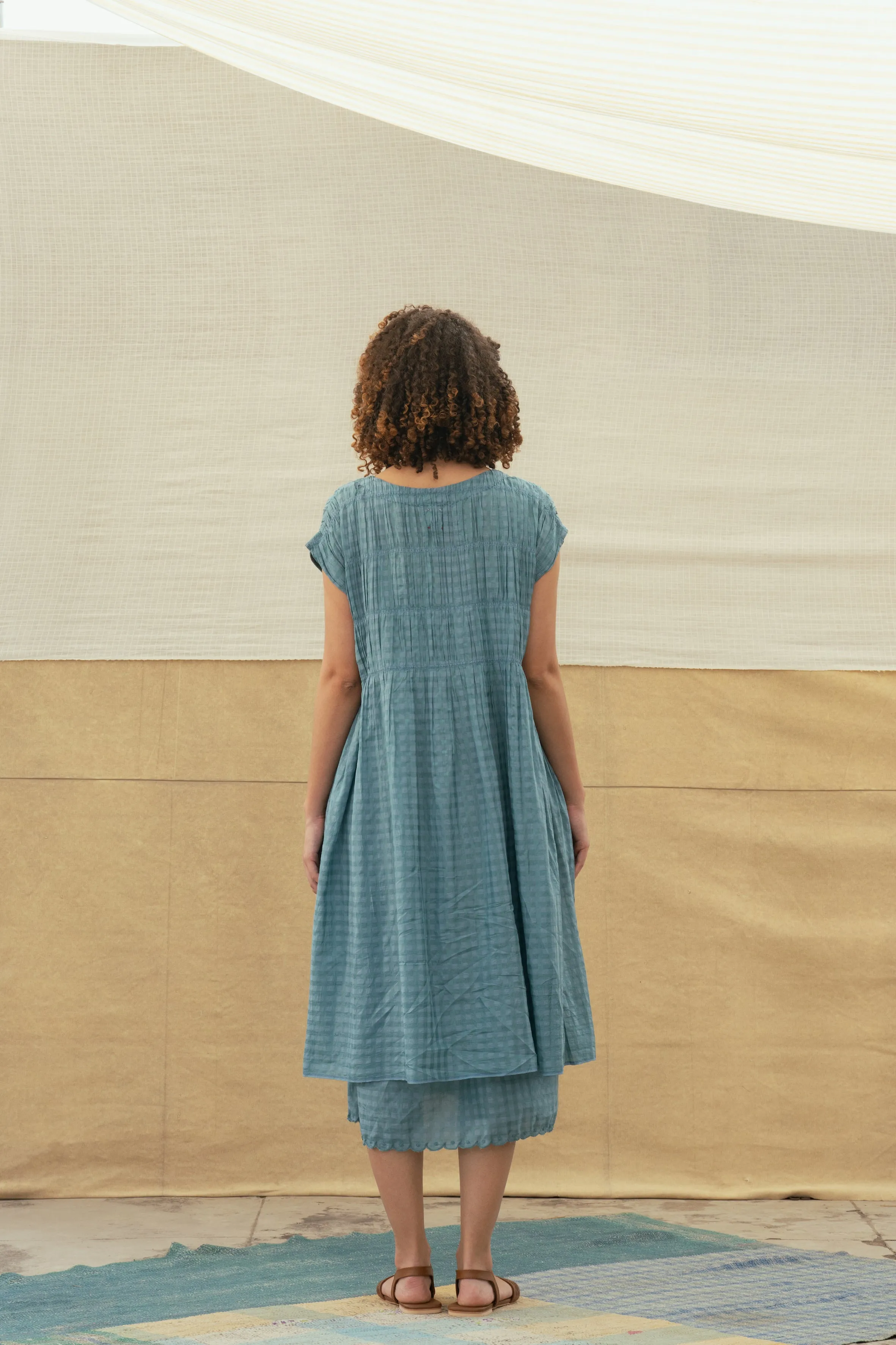 Dve Mira Cotton Silk Check Dress in Aqua