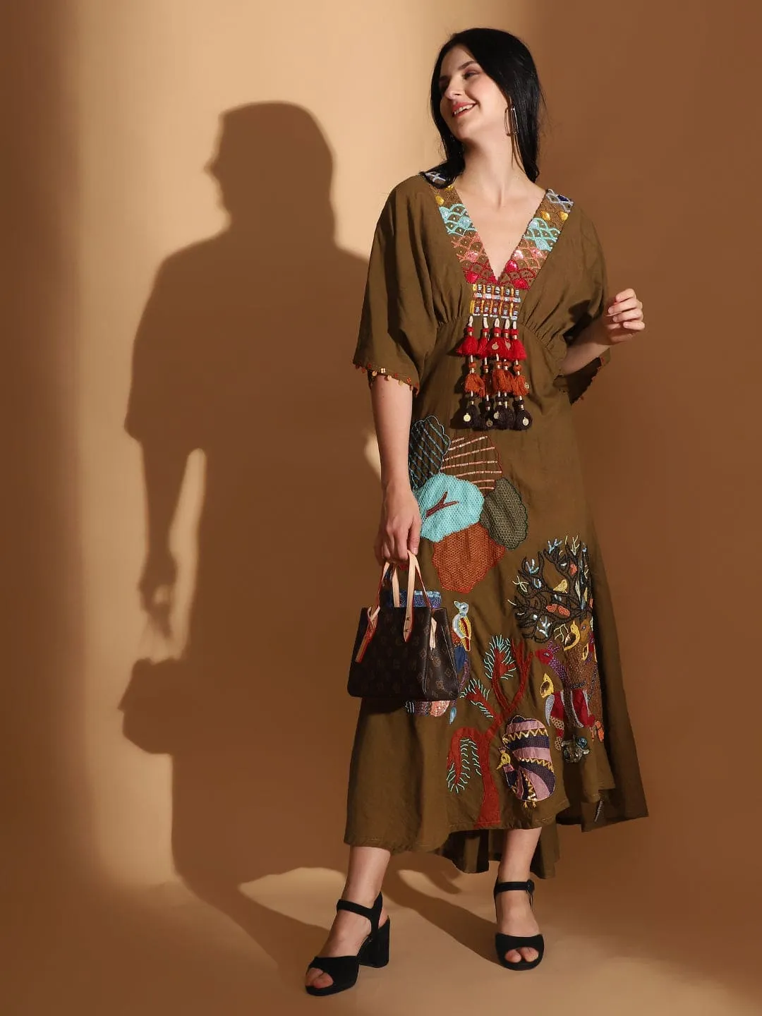 Earthy Olive Gond Artwork Dress