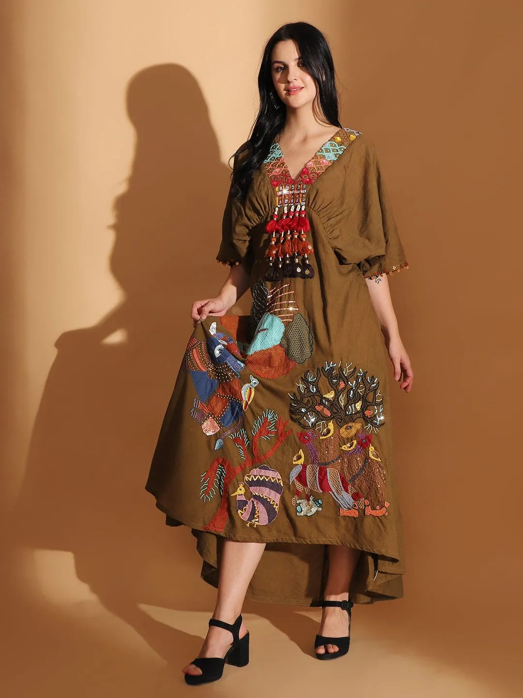 Earthy Olive Gond Artwork Dress