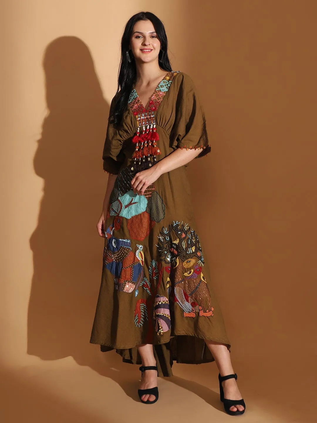 Earthy Olive Gond Artwork Dress