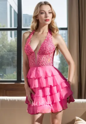 Elegant & Luxurious A-Line Appliques V-Neck Halter Party Homecoming Dress