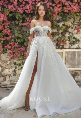 Elegant & Luxurious Off-Shoulder A-Line Appliques Split Wedding Dress