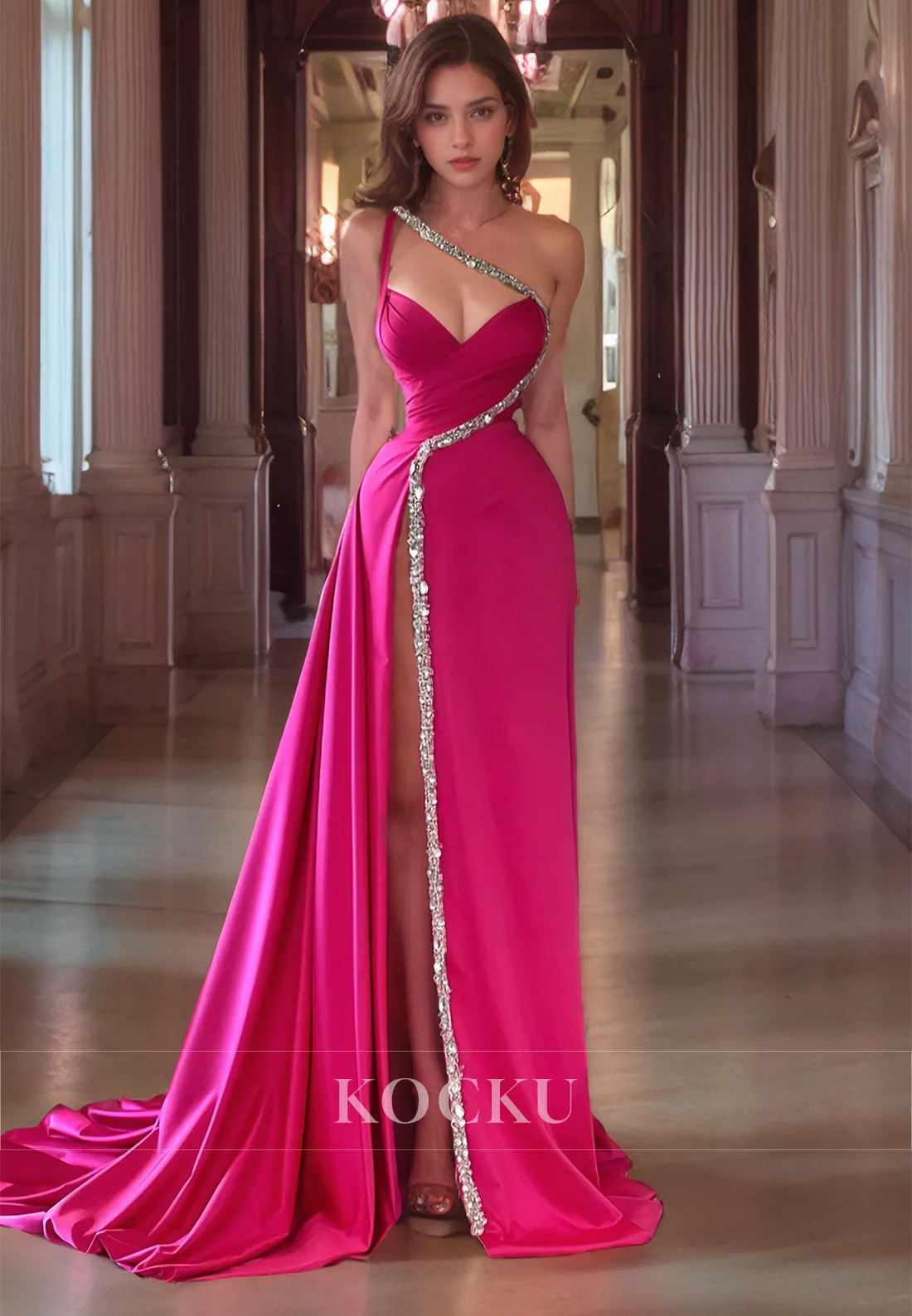 Elegant & Luxurious One Shoulder A-Line Split Satin Evening Party Prom Dress