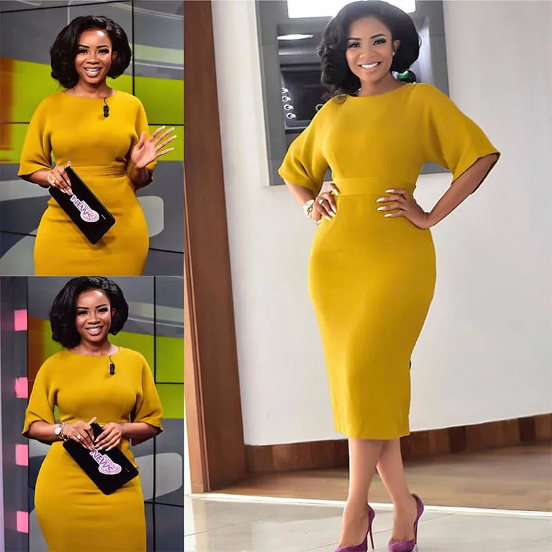 Elegant Plus Size Yellow Bodycon Work Dress