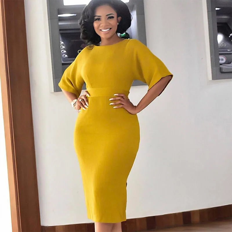 Elegant Plus Size Yellow Bodycon Work Dress