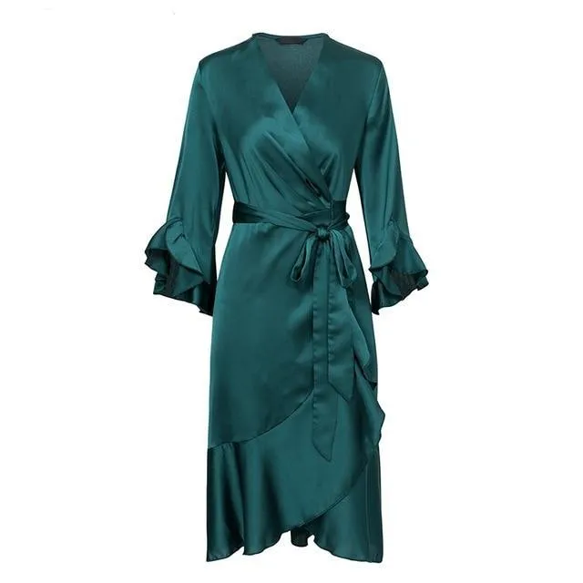 Elegant Satin Ruffle Flare Sleeve Wrap Dress