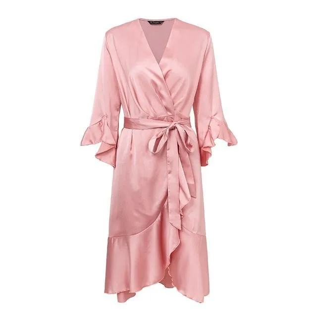 Elegant Satin Ruffle Flare Sleeve Wrap Dress