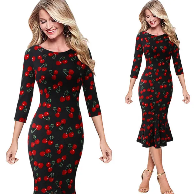 Elegant Vintage Pinup Casual Cocktail Party Dress MIDI Sleeve