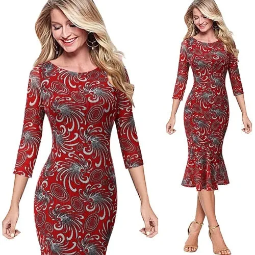 Elegant Vintage Pinup Casual Cocktail Party Dress MIDI Sleeve