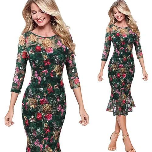 Elegant Vintage Pinup Casual Cocktail Party Dress MIDI Sleeve