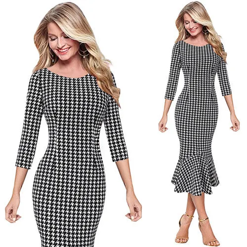 Elegant Vintage Pinup Casual Cocktail Party Dress MIDI Sleeve