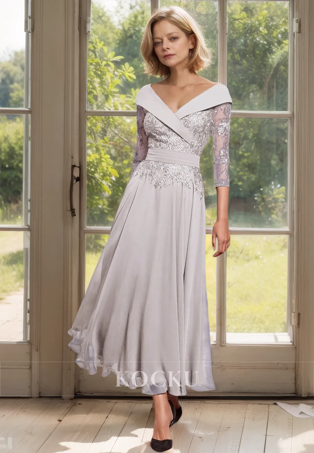 Elegant&Luxurious A-Line V-Neck Long Sleeves Chiffon Mother of Bride with Appliques Cocktail Dress