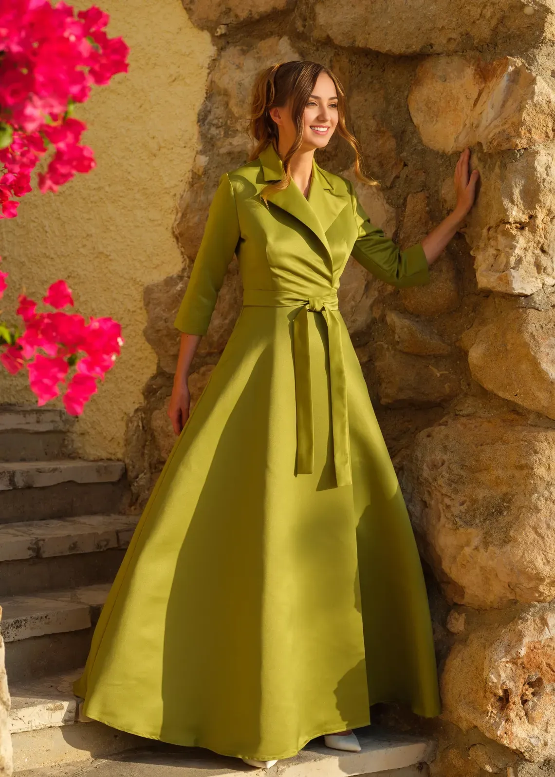 Emerald Green A-Line Formal Wrap Satin Wrap Dress Bridesmaid Dress Wedding Guest Dress