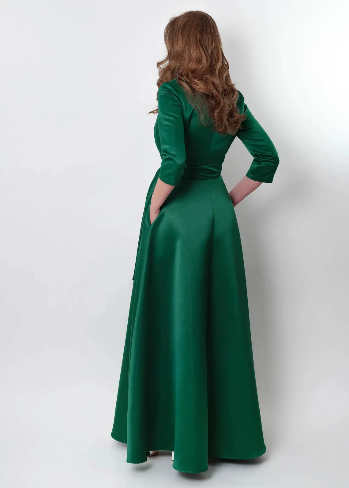 Emerald Green A-Line Formal Wrap Satin Wrap Dress Bridesmaid Dress Wedding Guest Dress