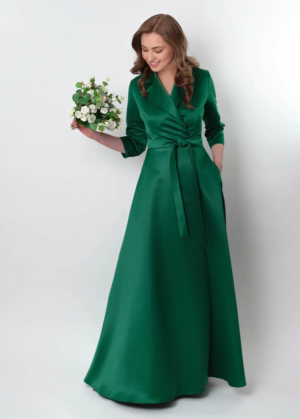 Emerald Green A-Line Formal Wrap Satin Wrap Dress Bridesmaid Dress Wedding Guest Dress