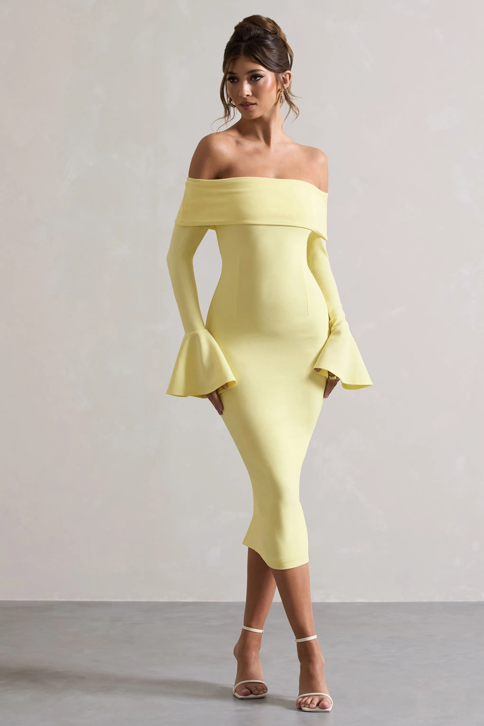 Emma | Lemon Bardot Flared-Sleeve Midi Dress