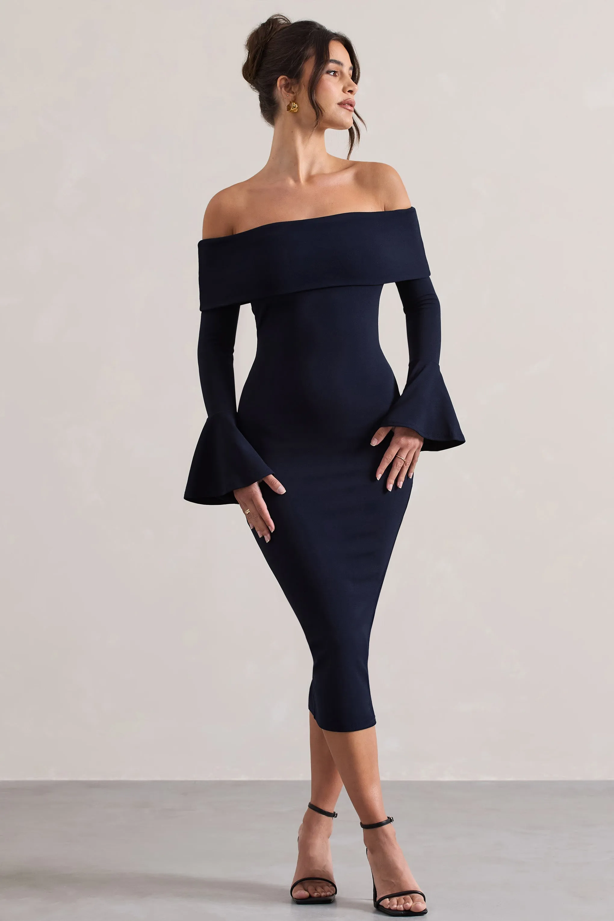 Emma | Navy Bardot Flared-Sleeve Midi Dress