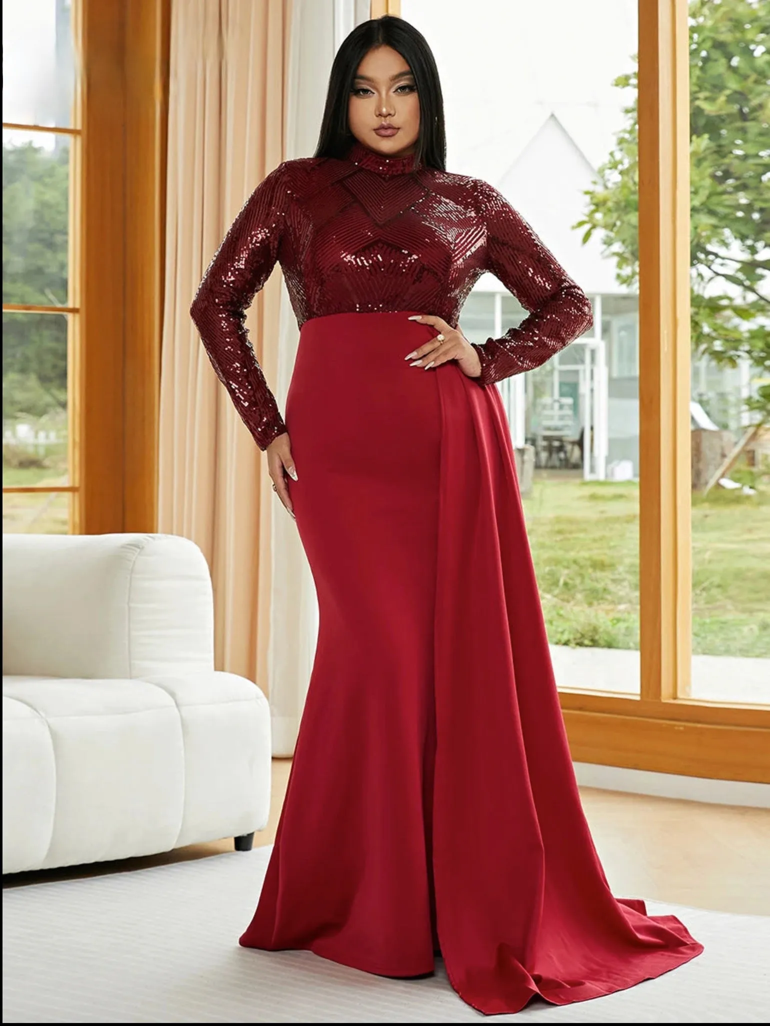 Formal Draping A-Line Long Sleeve Sequin Red Evening Dress