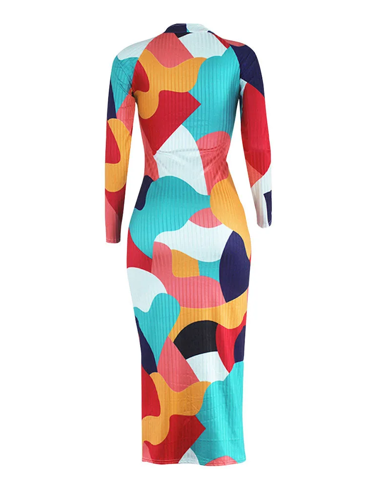 French Rib Long Sleeves Color Block Midi Dresses