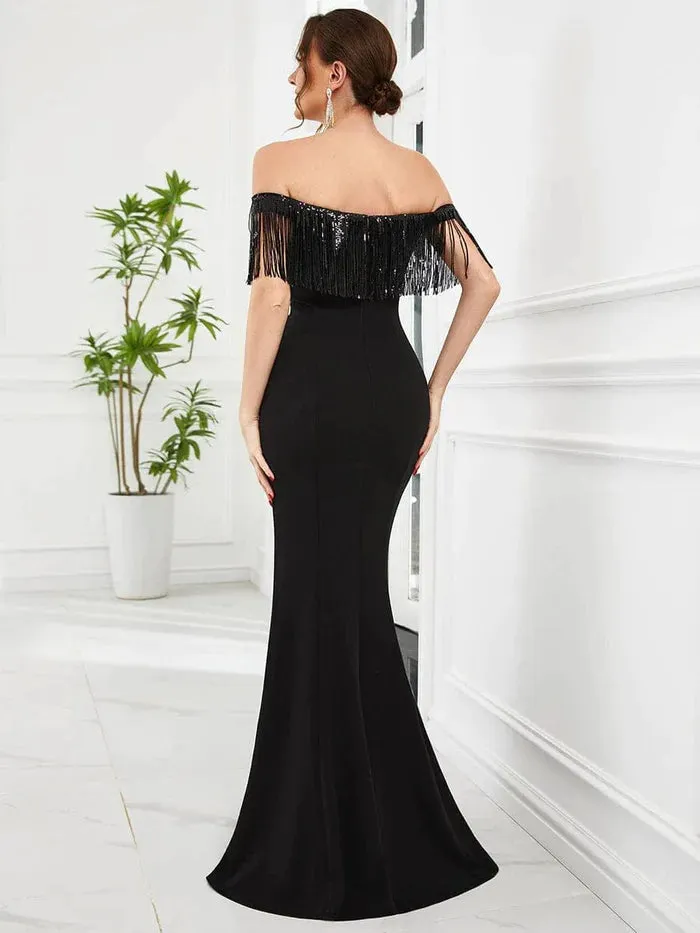 Fringe Off-Shoulder Beaded Bodycon Fishtail Evening Dress