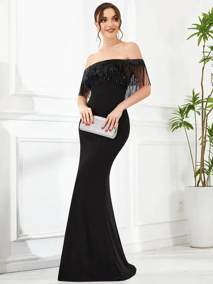 Fringe Off-Shoulder Beaded Bodycon Fishtail Evening Dress