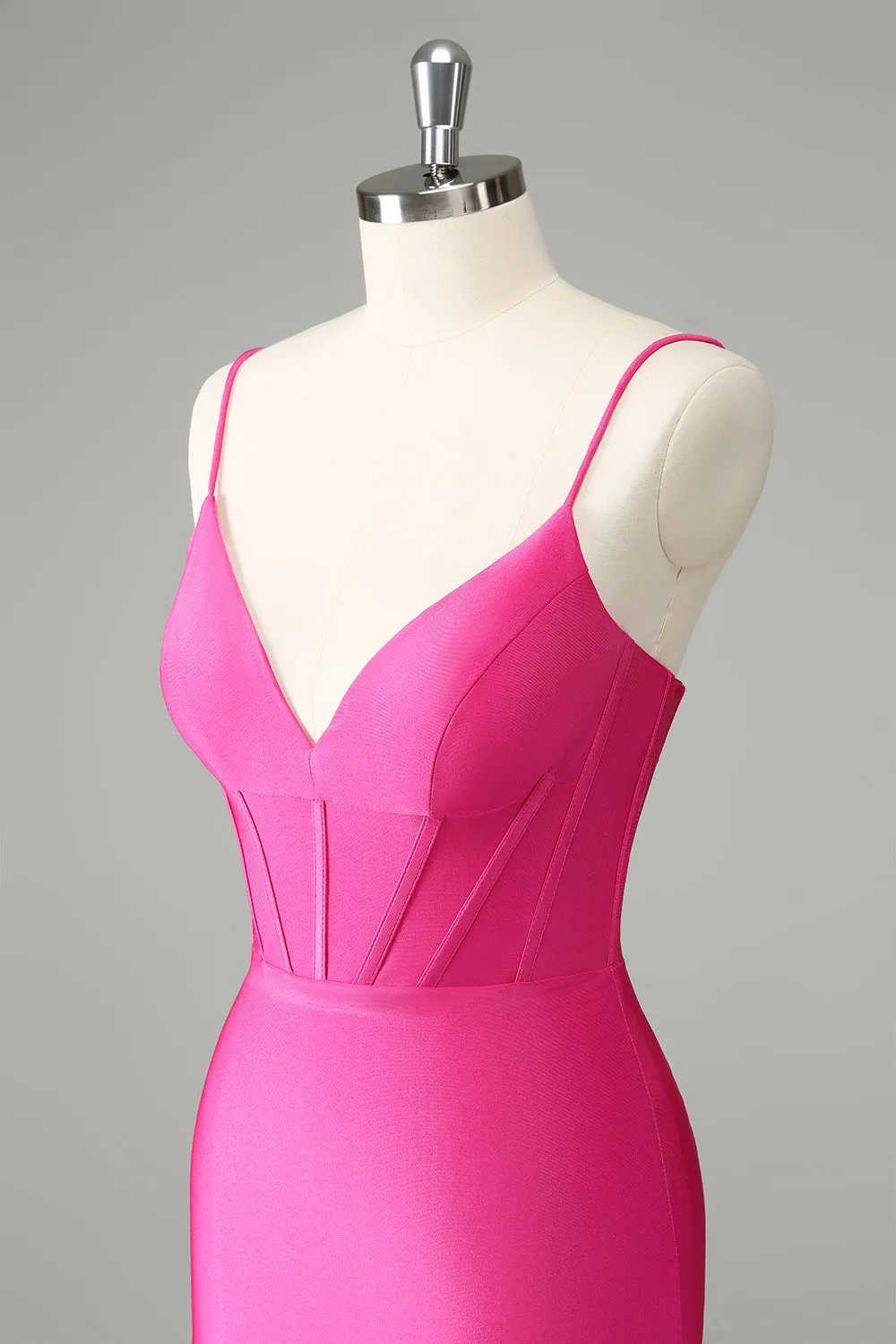 Fuchsia Tight Spaghetti Straps Pleated Short Homecoming Dress