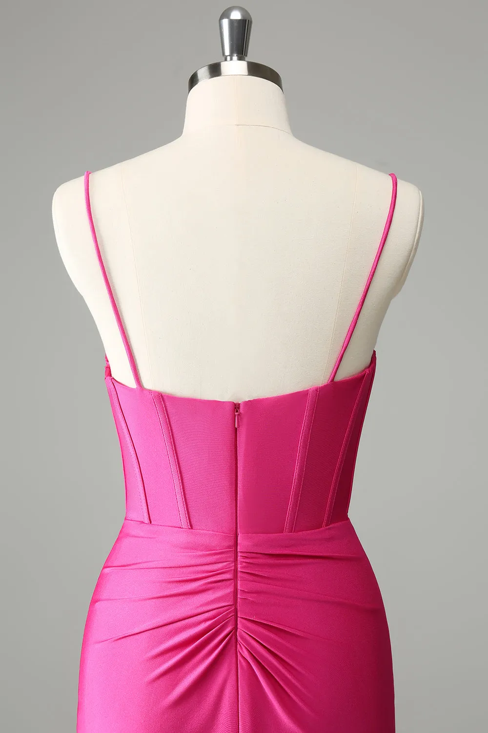 Fuchsia Tight Spaghetti Straps Pleated Short Homecoming Dress