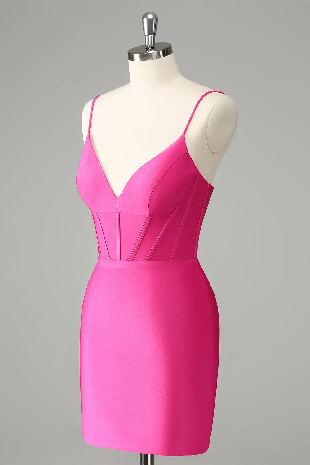 Fuchsia Tight Spaghetti Straps Pleated Short Homecoming Dress