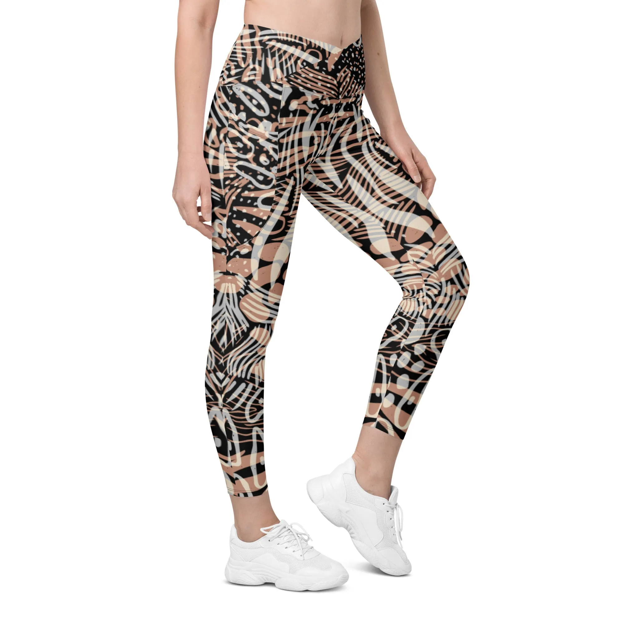 Fun Animal Print Crossover Leggings with Pocket, lioness-love