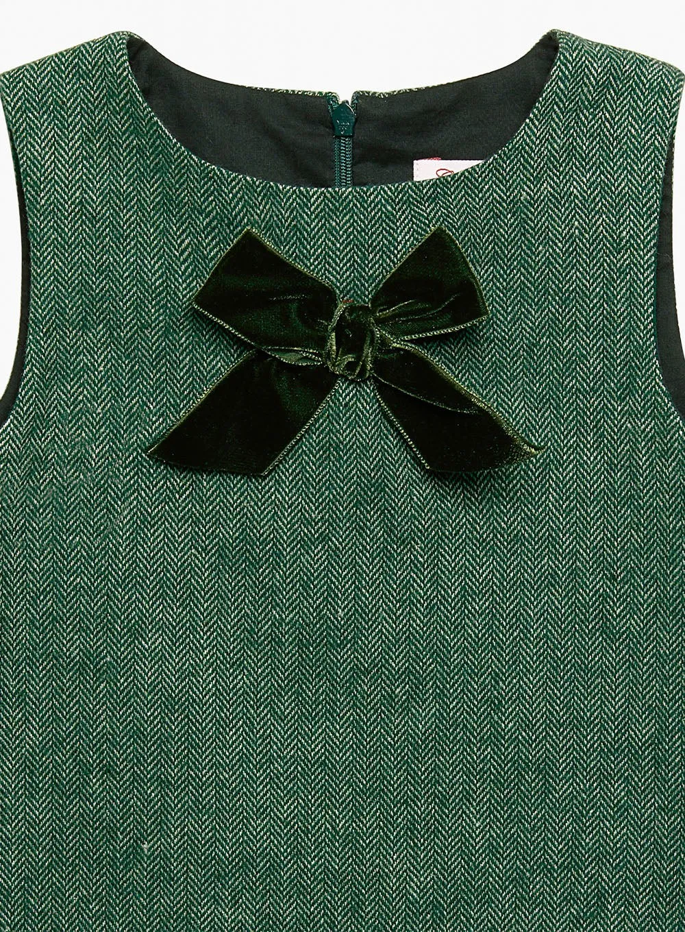 Georgina Bow Dress in Green Herringbone