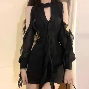 Girlary Black Sexy Chiffon One-piece Dress Women Elegant Ruffle Mesh Mini Dress Fairycore Sweet Luxury Bodycon Chic Korean Style