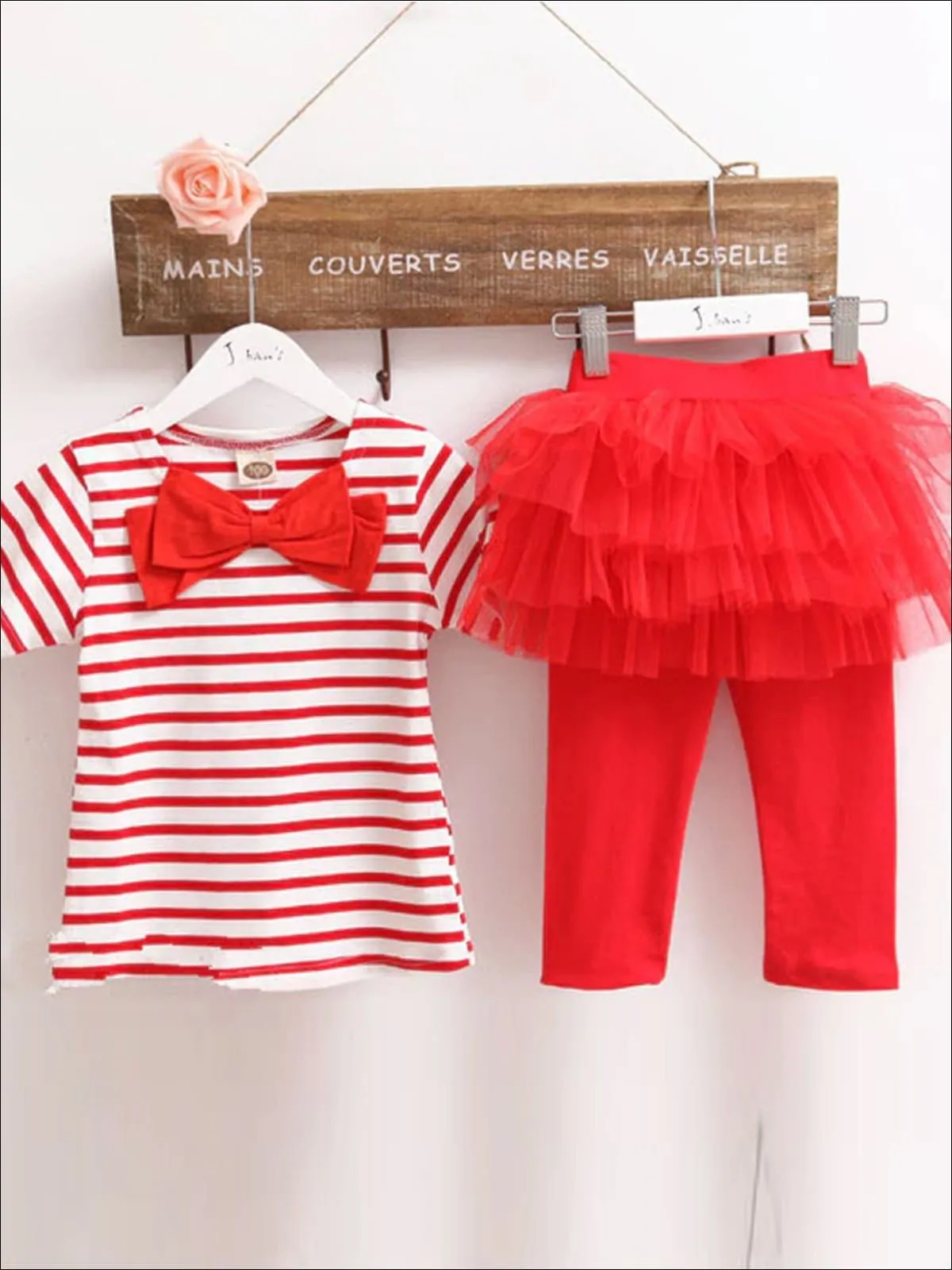 Girls Large Bow Applique Striped Top And Tutu Skirt Legging Set