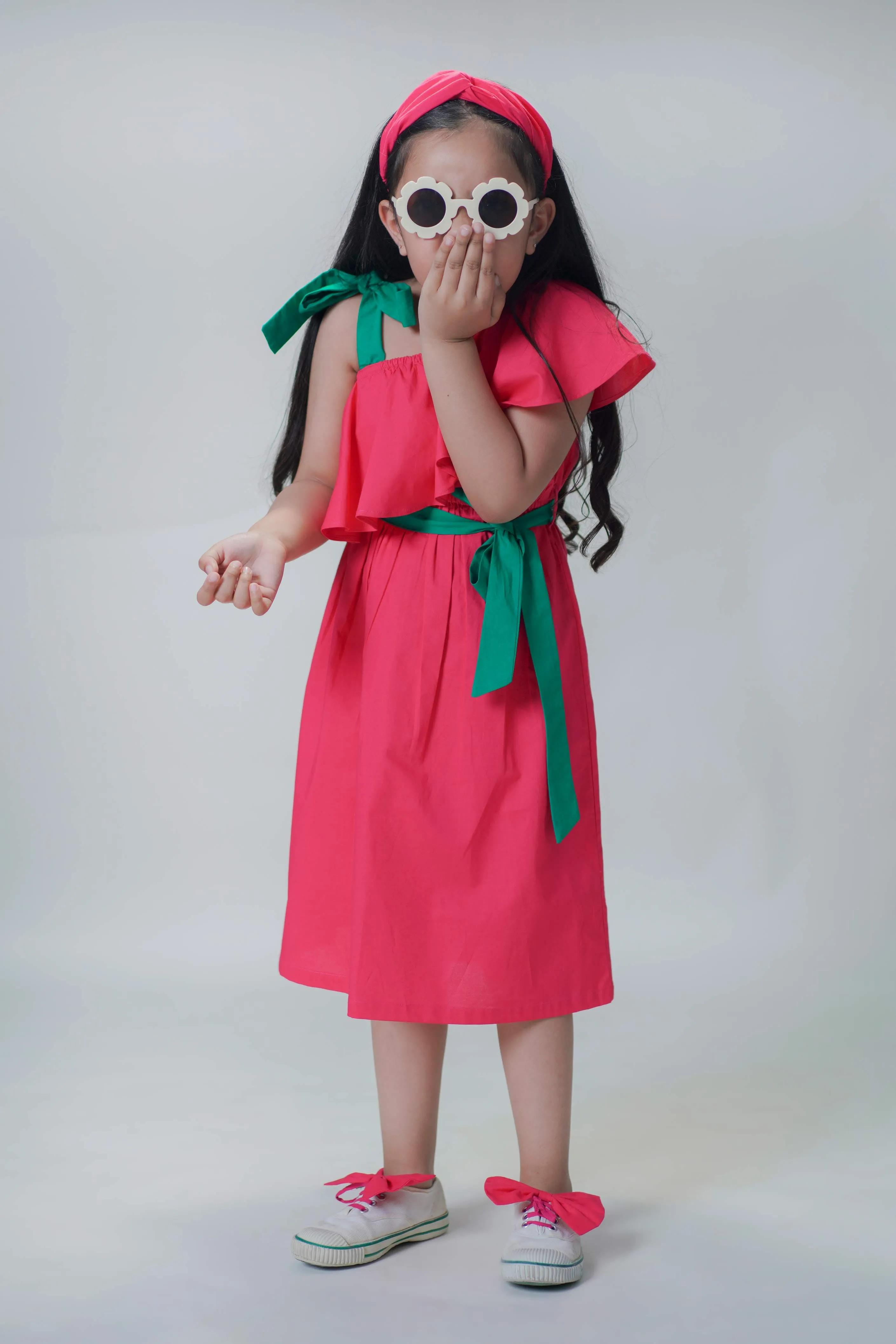 Girls Solid Ruffle Dress-Pink