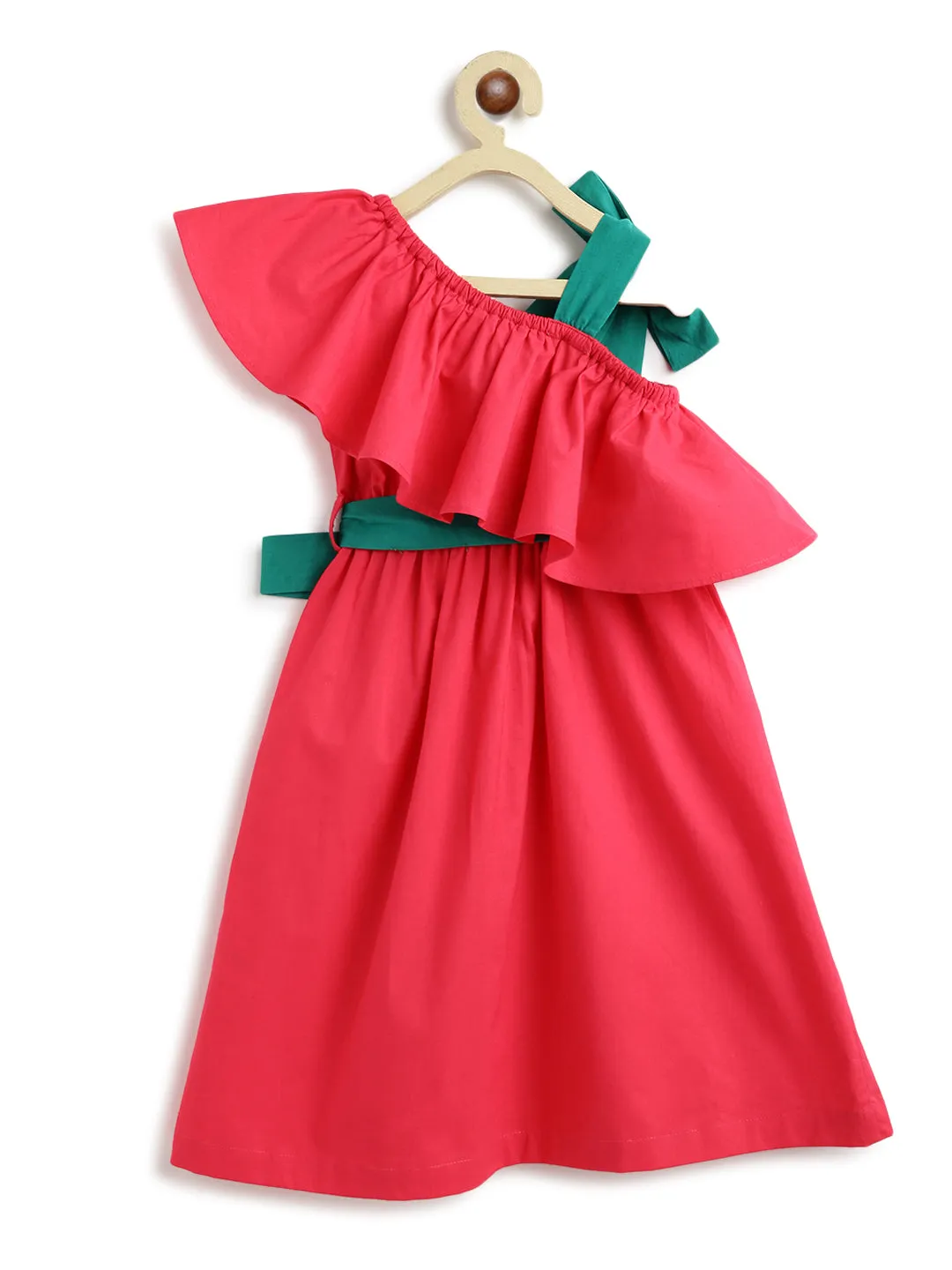 Girls Solid Ruffle Dress-Pink