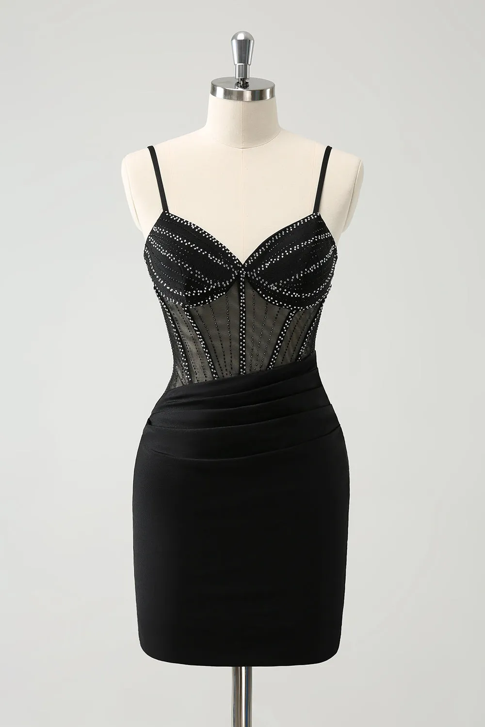 Glitter Black Tight Short Spaghetti Straps Corset Homecoming Dresses